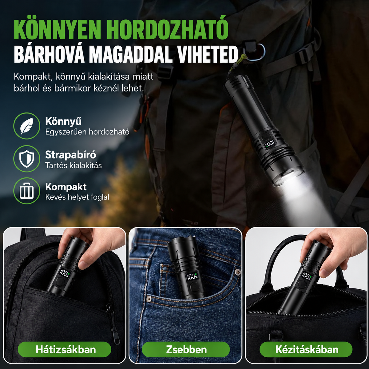 Billhol® szuperfényes taktikai túlélő zseblámpa · Több mint 2 millió eladott darab · Akár 80-szor erősebb fény · Akár 120 órás üzemidő · Katonai COB LED-technológia
