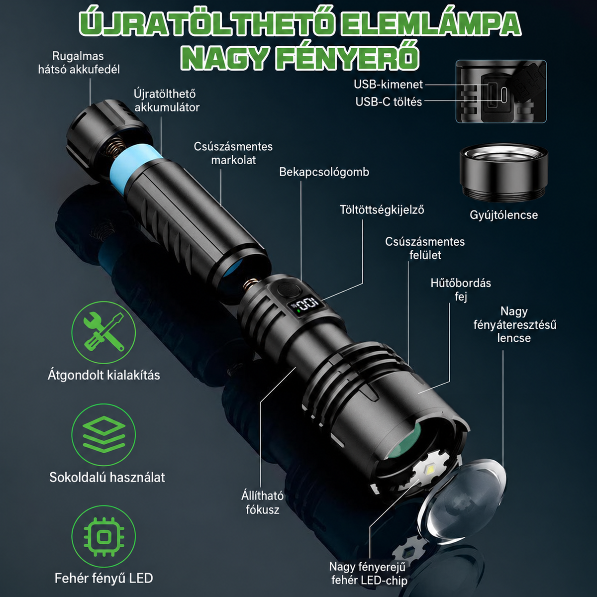 Billhol® szuperfényes taktikai túlélő zseblámpa · Több mint 2 millió eladott darab · Akár 80-szor erősebb fény · Akár 120 órás üzemidő · Katonai COB LED-technológia