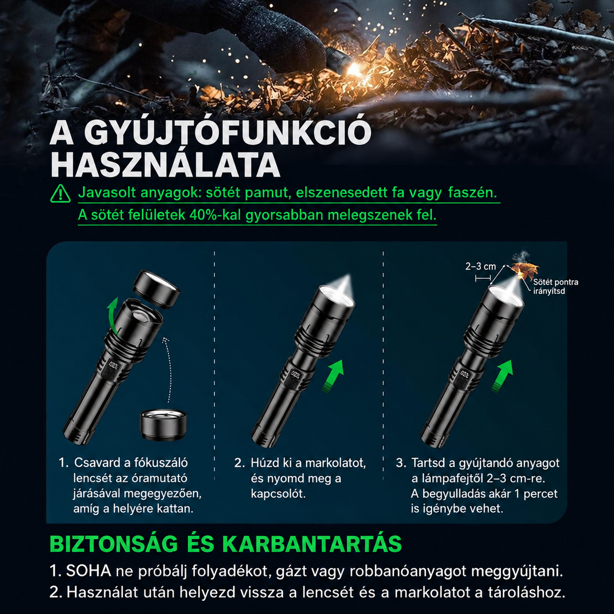 Billhol® szuperfényes taktikai túlélő zseblámpa · Több mint 2 millió eladott darab · Akár 80-szor erősebb fény · Akár 120 órás üzemidő · Katonai COB LED-technológia