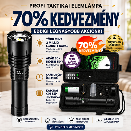 Billhol® szuperfényes taktikai túlélő zseblámpa · Több mint 2 millió eladott darab · Akár 80-szor erősebb fény · Akár 120 órás üzemidő · Katonai COB LED-technológia