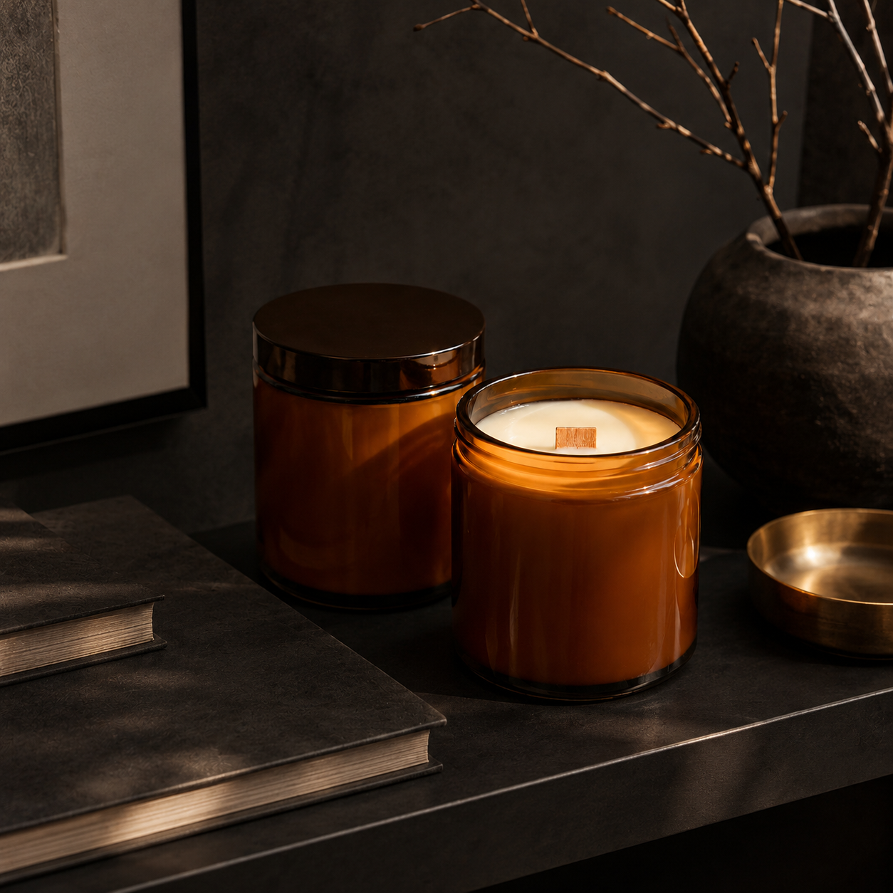 Amber Glass Wood Wick Candle