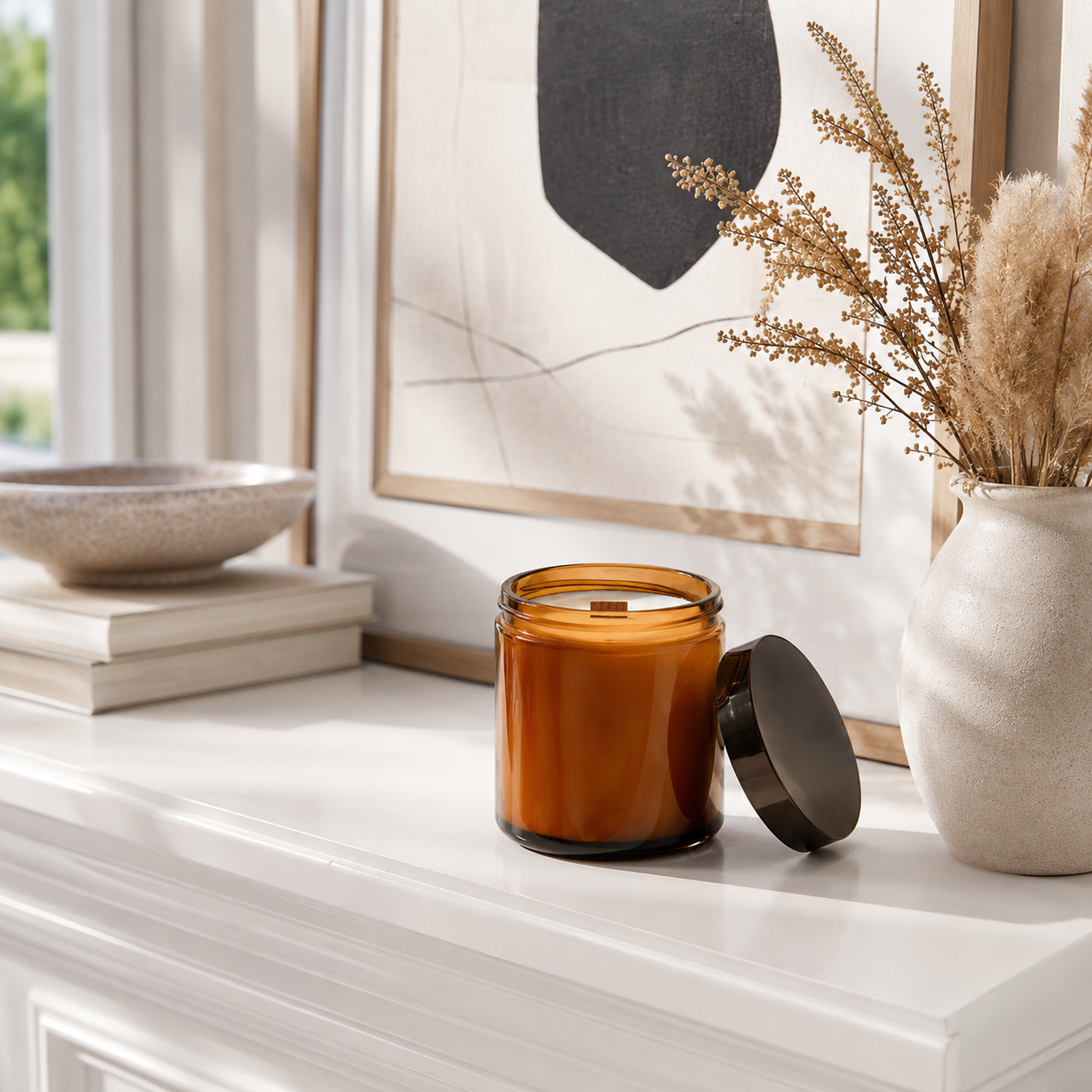 Amber Glass Wood Wick Candle