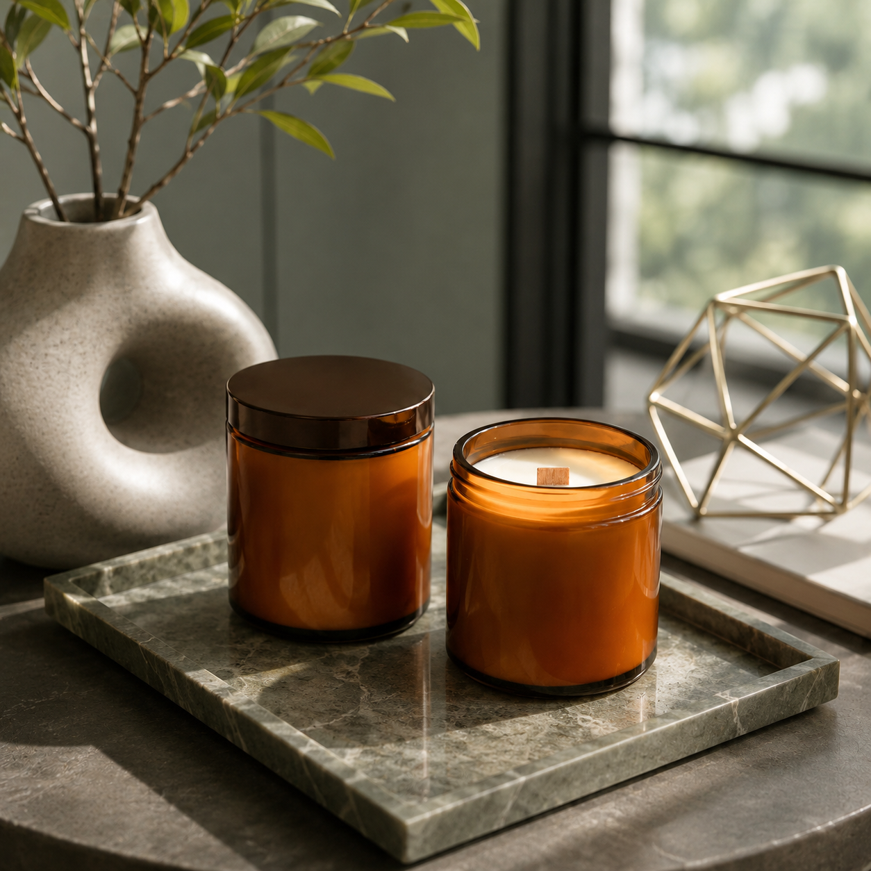 Amber Glass Wood Wick Candle