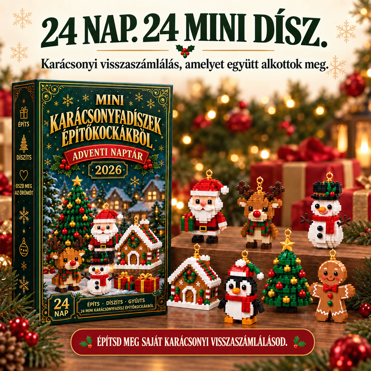 Adventi naptár 24 mini karácsonyfadísszel építőkockákból