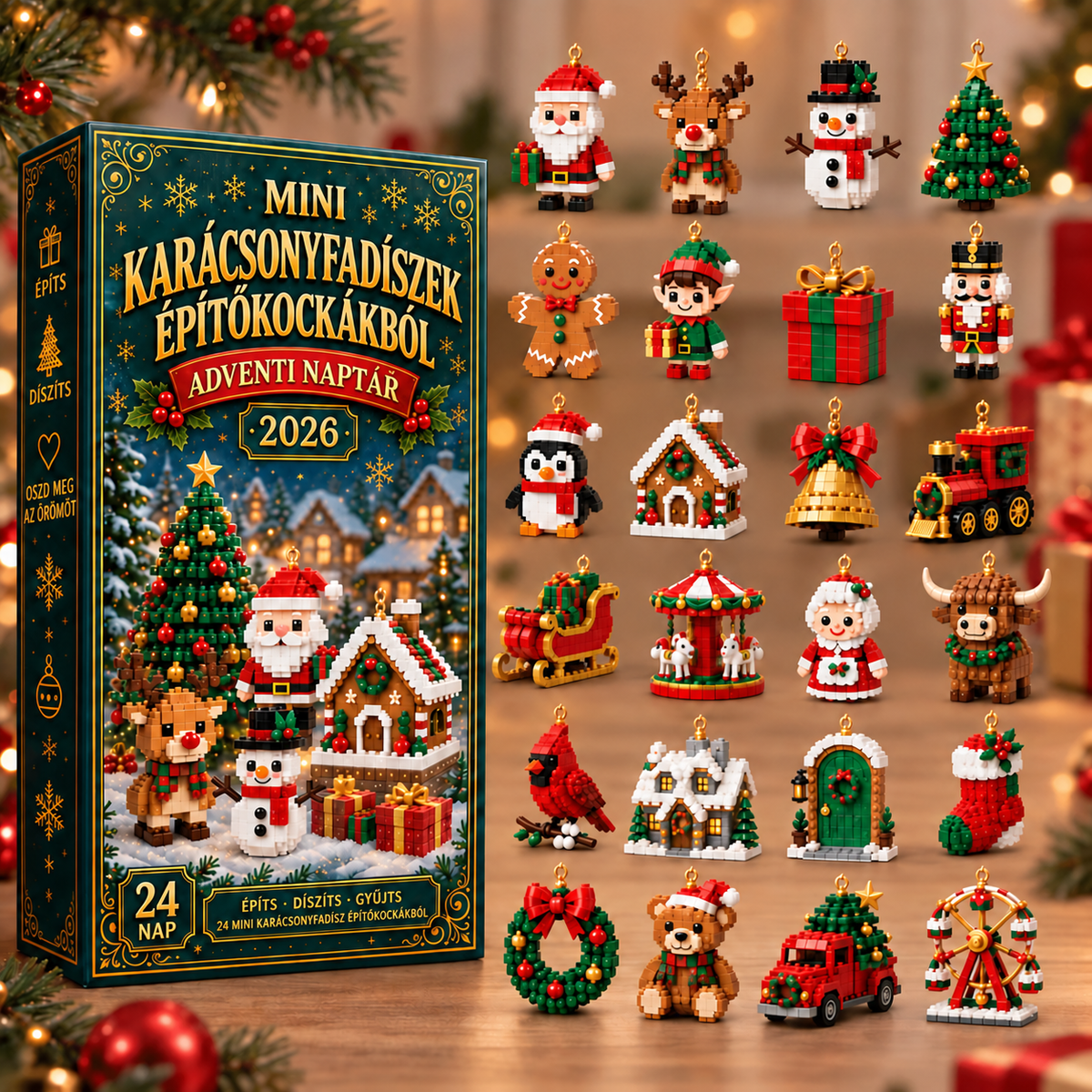 Adventi naptár 24 mini karácsonyfadísszel építőkockákból
