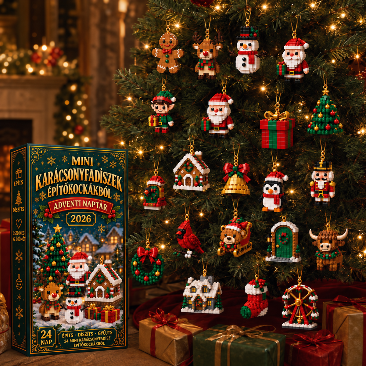 Adventi naptár 24 mini karácsonyfadísszel építőkockákból