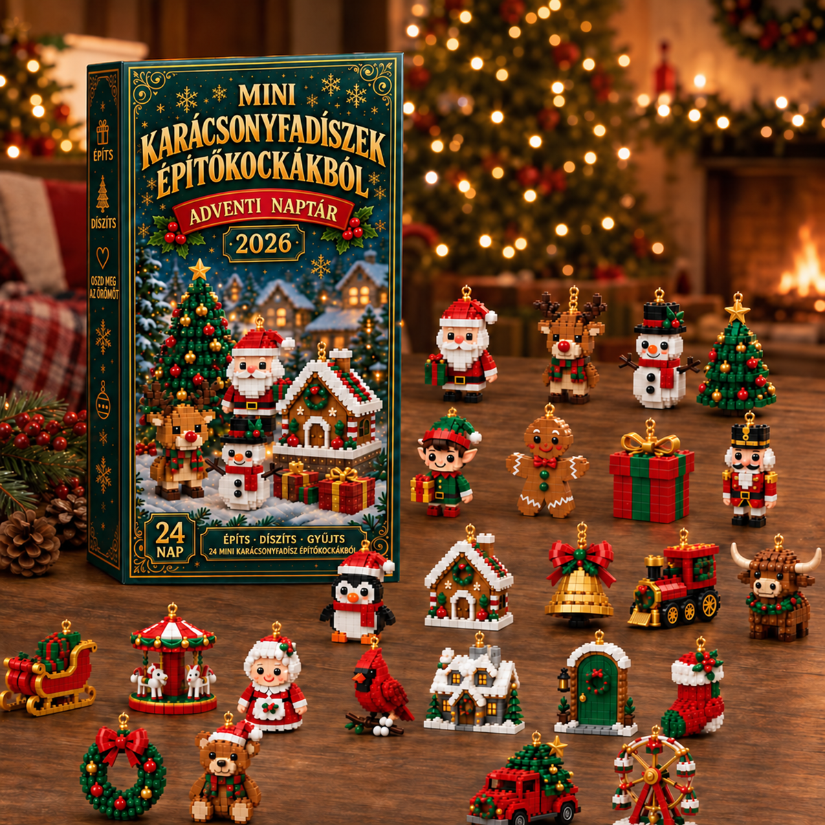 Adventi naptár 24 mini karácsonyfadísszel építőkockákból